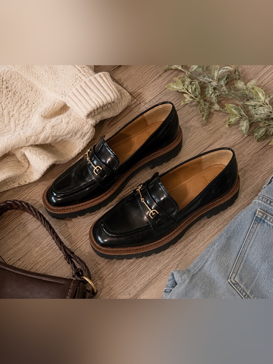 Sam Edelman Shoes - Sam Edelman Black Leather Lug Sole Loafers Gold Horsebit Detail Size 10